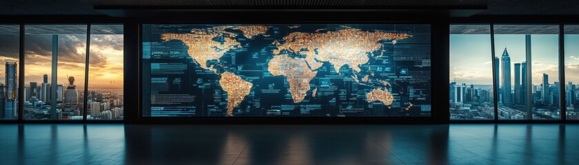 Global business insights modern office digital world map urban environment panoramic view technology and innovation