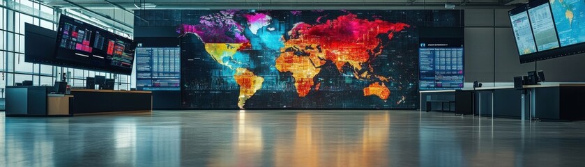 Global data visualization hub modern office digital content technology center wide-angle view innovation concept
