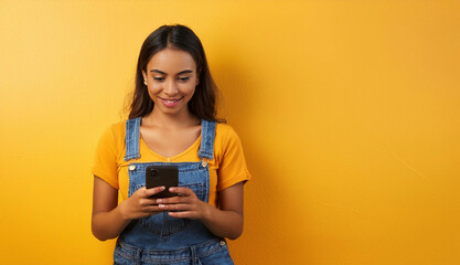 Young woman holding a phone and pointing, with a vibrant yellow background and an expressive reaction. Perfect for concepts of communication, excitement, and modern technology.