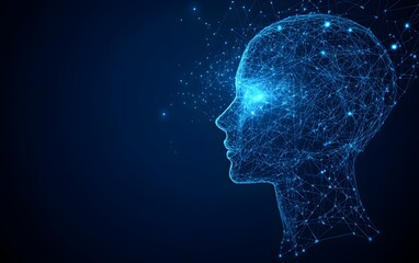 Obraz premium Digital human face silhouette made of glowing blue network connections, artificial intelligence