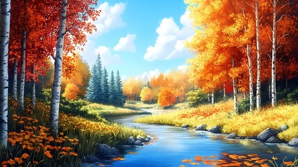 A vibrant autumn landscape with a river running through a forest of colorful leaves and a clear blue sky 