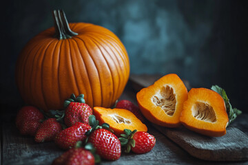 Golden pumpkin and fresh strawberries arranged on a rustic wooden surface in soft lighting. Generative AI