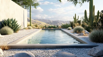 Fototapeta premium A minimalist desert pool garden with a rectangular pool