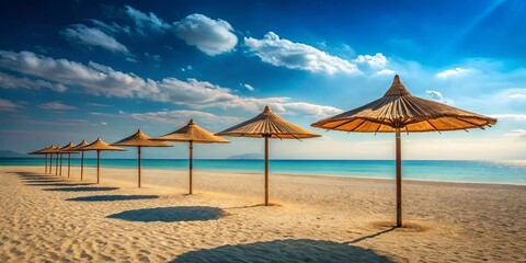 Serene beach scene with a row of thatched umbrellas under a vibrant sky