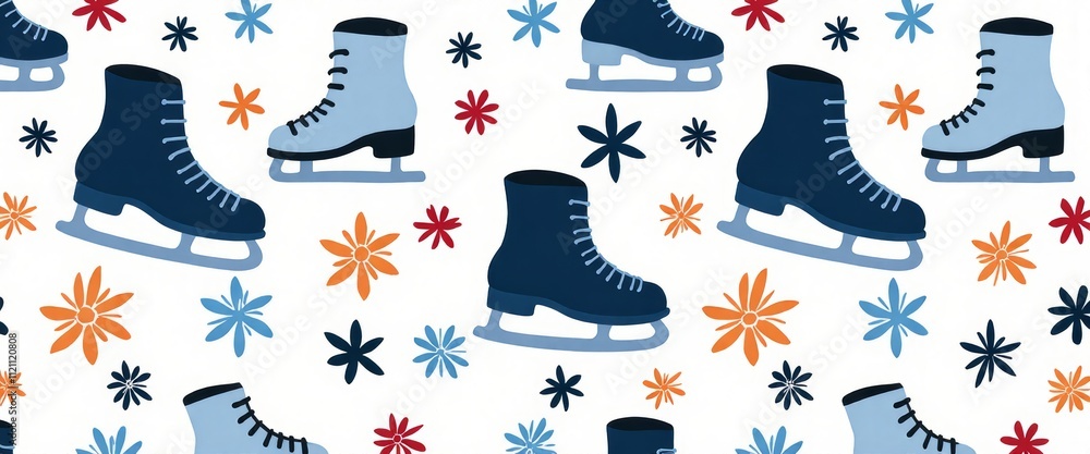 Poster a pattern of ice skates and flowers. the flowers are in various colors and sizes, and the skates are