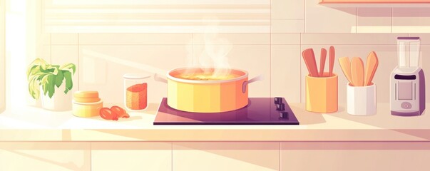 A cozy kitchen scene with a pot simmering on a stove, surrounded by ingredients and utensils.