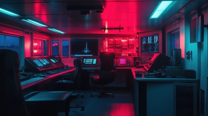 NeonLit Control Room Futuristic Ship Bridge, HighTech Displays