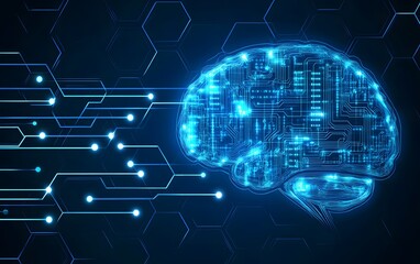 Fototapeta premium Digital brain with neural network circuitry, artificial intelligence concept with glowing blue