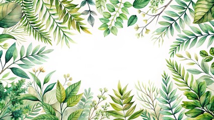 Lush Greenery Frame A Watercolor Illustration of Diverse Foliage Perfect for Invitations, Cards, and Decorative Projects