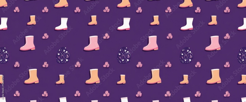 Poster a pattern of purple shoes with a mustache on the right. the shoes are arranged in a way that they lo