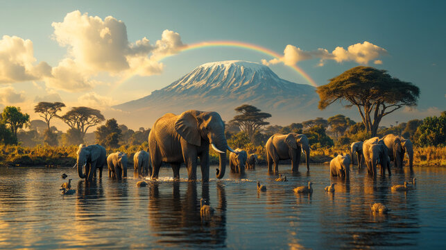 Majestic Elephants at Sunset by Mount Kilimanjaro