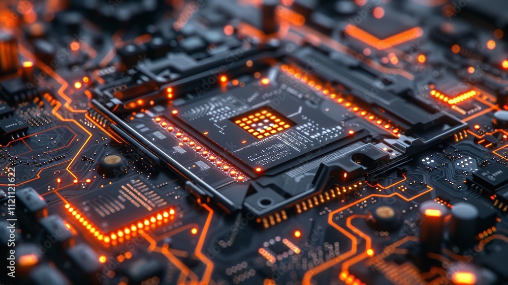 Poster close-up of glowing circuit board with microchip.