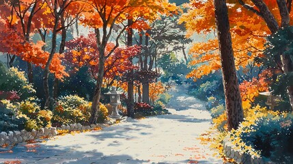 Obraz premium Sunlit autumn path through vibrant red and orange foliage.