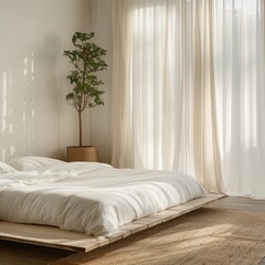A minimalist bedroom with a low platform bed