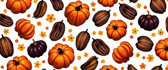 A pattern of pumpkins and leaves with blueberries and a flower. The image has a fall theme