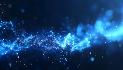 Abstract digital network wave with glowing blue nodes, futuristic technology and data visualization