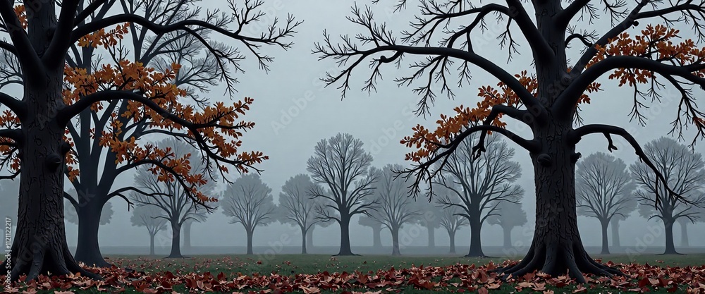 Poster a forest with trees that are bare and have no leaves. the sky is cloudy and the trees are tall