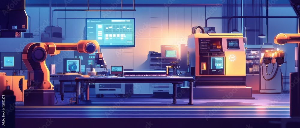 Poster advanced robotic automation in modern smart factory at night