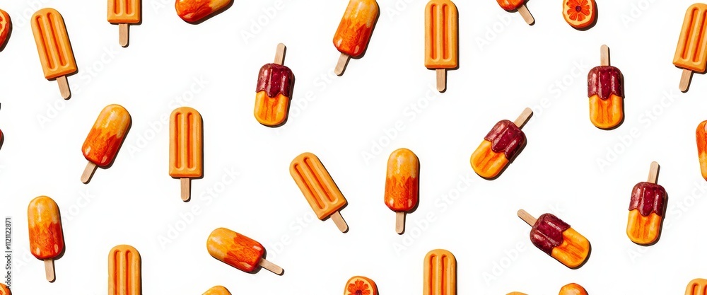 Poster a pattern of ice cream sticks with different flavors and toppings. the image has a playful and color