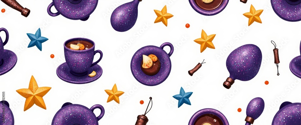 Poster a pattern of cups and other objects with a purple background. the cups are of different sizes and sh