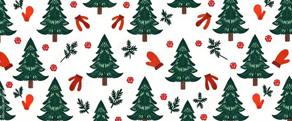 Poster a christmas tree pattern with a red glove on it. the pattern is made up of many trees and the glove 