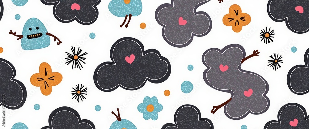 Poster a blue and white background with many clouds. the clouds are of different sizes and shapes. the imag