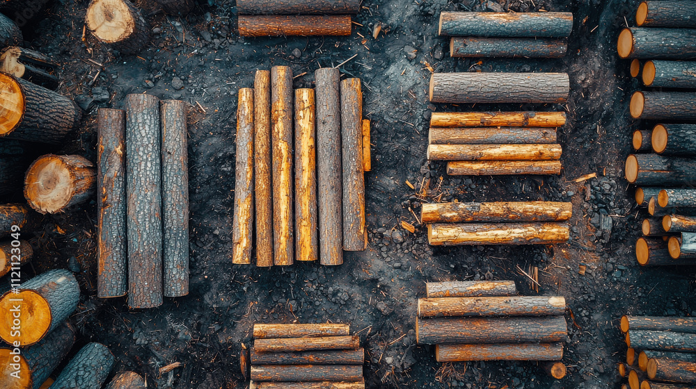 Poster timber logs concept. neatly arranged logs create geometric pattern in forest setting