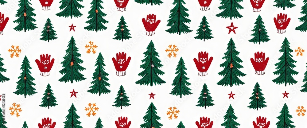 Poster a christmas tree pattern with a red glove on it. the pattern is made up of many trees and the glove 