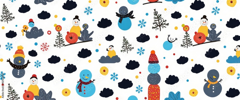 Poster a black and white image of snowflakes and snowmen. the snowflakes are scattered throughout the image