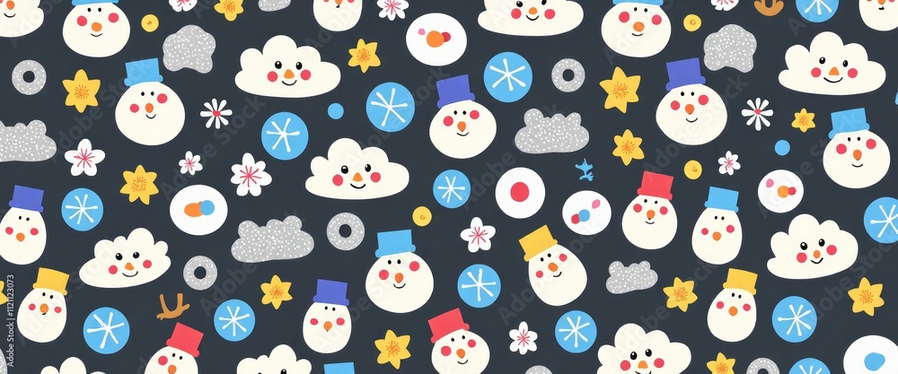 Poster a black and white image of snowflakes and snowmen. the snowflakes are scattered throughout the image