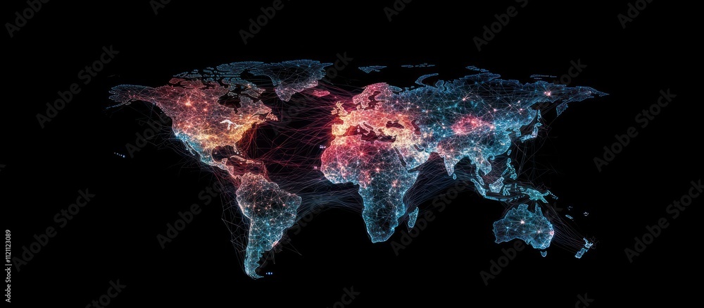 Poster global network connection visualized as a luminous world map.