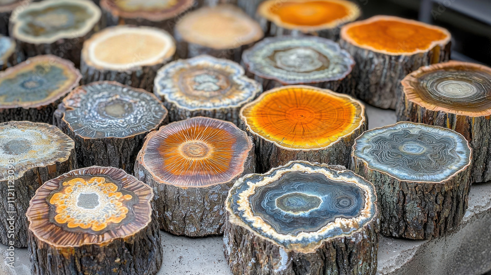 Poster timber logs concept. close up of log cross sections showcasing detailed tree rings and textures