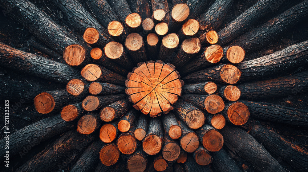 Poster timber logs concept. arranged logs in circular stack with dramatic lighting create stunning visual