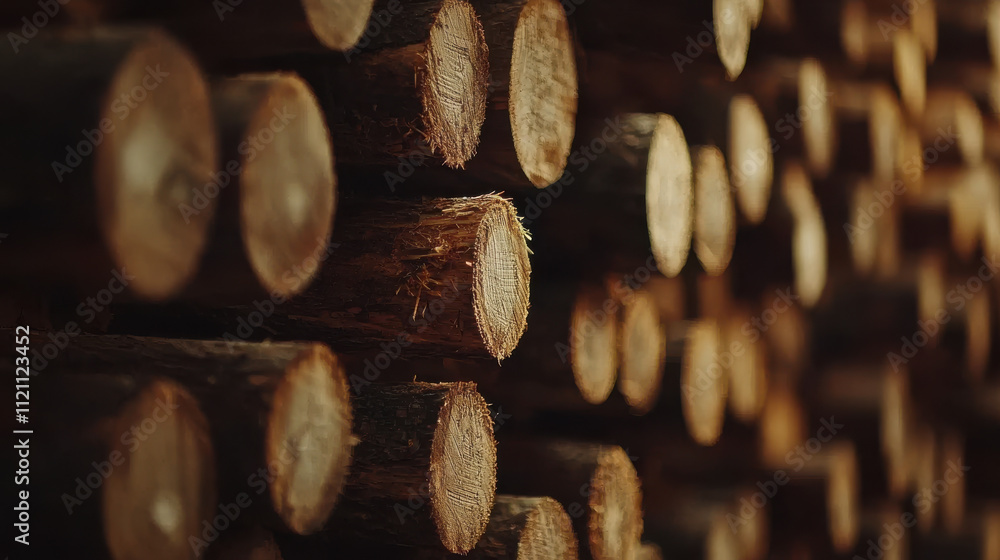 Poster timber logs concept. stacked timber logs create warm, rustic atmosphere in this image