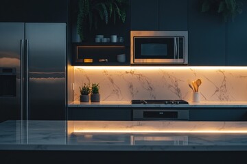 Modern kitchen interior at night with marble countertops, stainless steel appliances, and warm LED lighting.