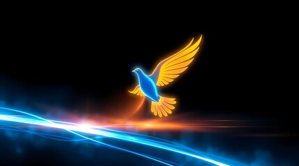 Fototapeta premium Bird, glowing, abstract, art, colors, light, dynamic, silhouette, freedom, inspiration, concept, nature, motion, beautiful image showing a stylized bird in vibrant yellow against a dark background (1)