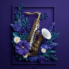 Saxophone surrounded by vibrant flowers on a purple background.