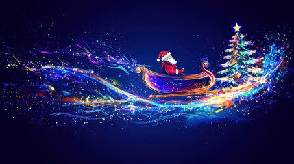 Colorful depiction of Santa Claus on a sleigh with a Christmas tree in a starry night