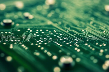 Close-up view of a green circuit board with intricate lines and connections, showcasing modern technology, innovation, and electronic engineering concepts.