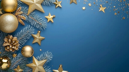 Fototapeta premium Elegant Christmas background with golden decorations and greenery. 