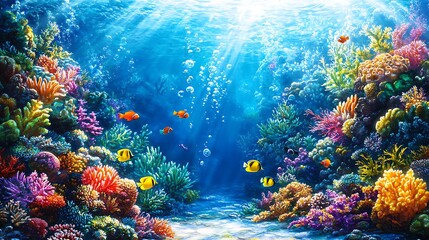 Naklejka premium Sunlit Coral Reef Alive with Fish and Vibrant Ocean Colors