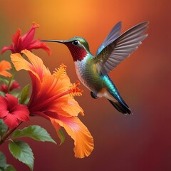 Fototapeta premium A colorful hummingbird with a long beak hovering near flower