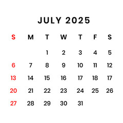 July 2025 Calendar png transparent background	