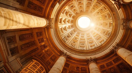 Sunlit dome interior with columns and ornate details.
