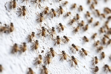Numerous honeybees cluster on a white wall. Illustrates bee behavior, colony, or pest control.
