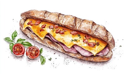 A delicious sandwich with ham, cheese, and bacon, garnished with herbs and tomatoes.
