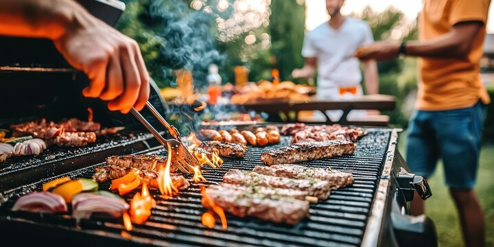 A festive summer BBQ party with people grilling, serving food, and gathering around a table set with colorful summer decor.