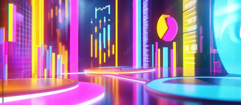 Poster neon-lit abstract data visualization with vibrant charts, graphs, and glowing platforms.