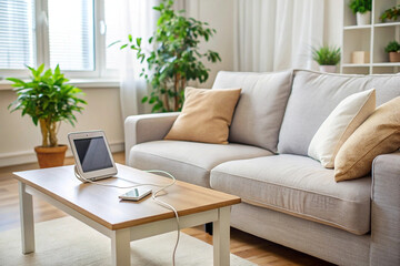 Obraz premium Tablet and phone charging on coffee table in modern living room with sofa and plants.