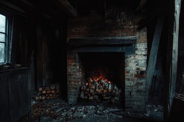 Obraz premium cozy brick fireplace in a dark room, inside there are logs
